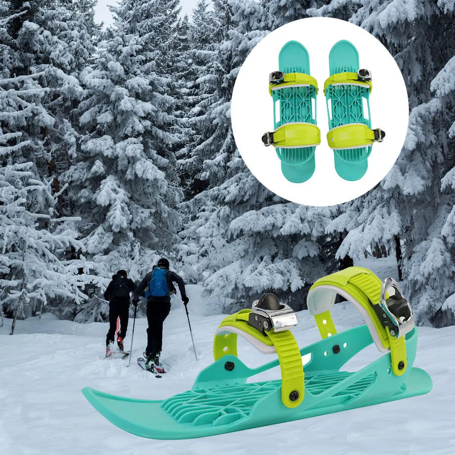 Green and black mini ski skates made from ABS plastic, nylon, and aluminium alloy on snow