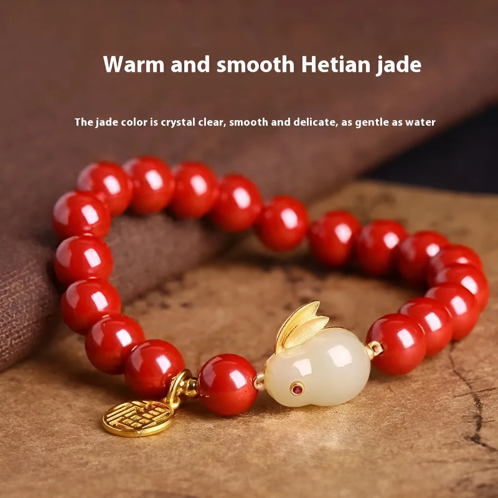 Purple gold sand cinnabar bracelet with jade hare charm, shown with 6mm and 8mm bead size options.