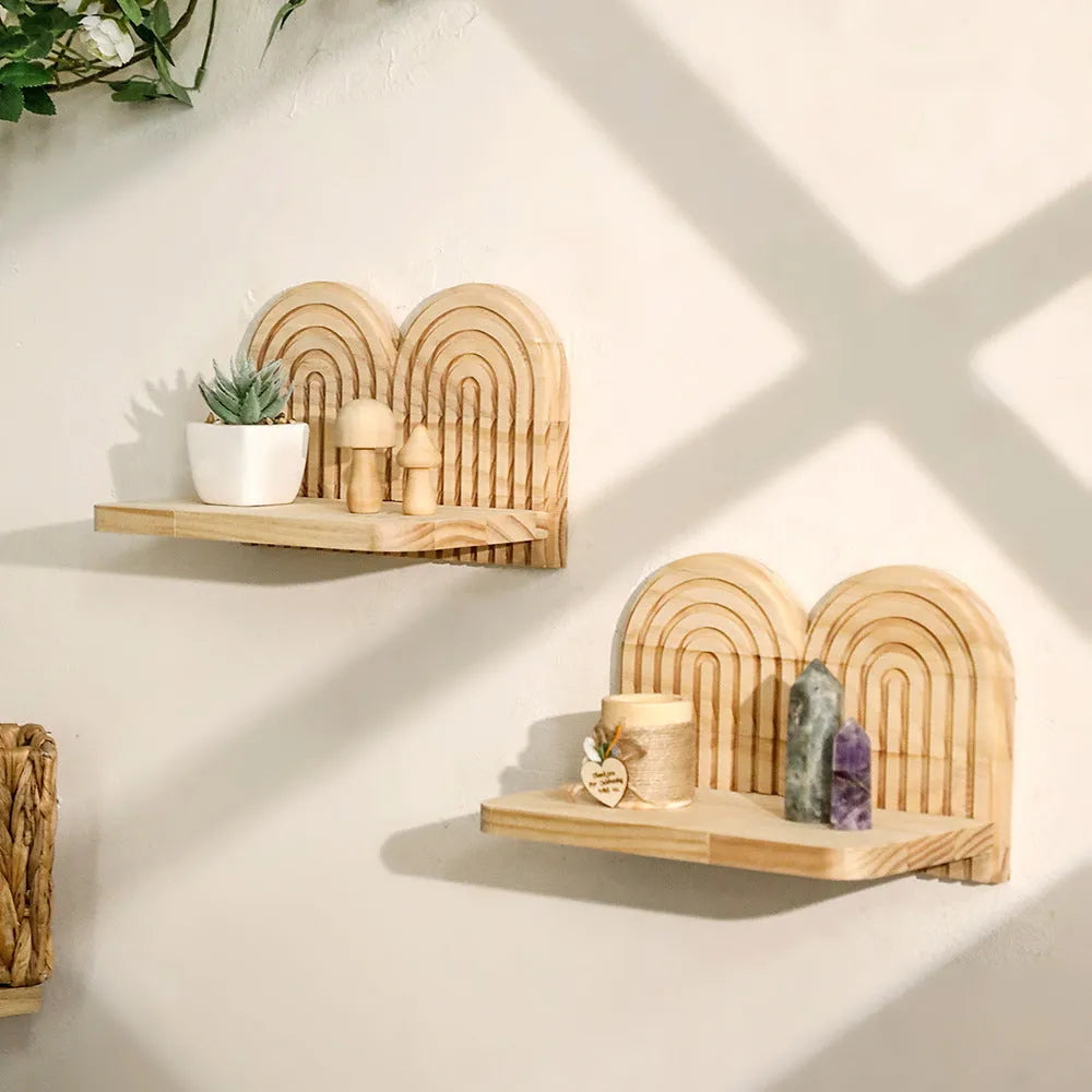 Natural wood wall rack with multiple tiers for displaying potted plants vertically