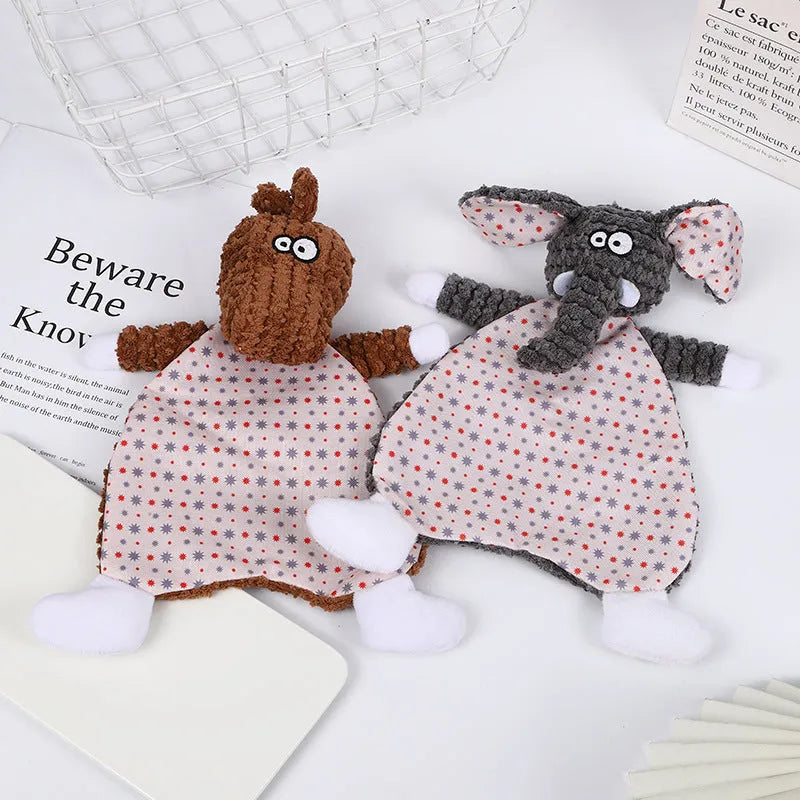 Brown, grey, or orange velvet plush pet toy shaped like a fox elephant with crinkly sound paper inside