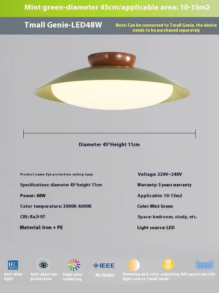 Modern minimalist flying saucer ceiling lamp in cream yellow colour with iron shade.