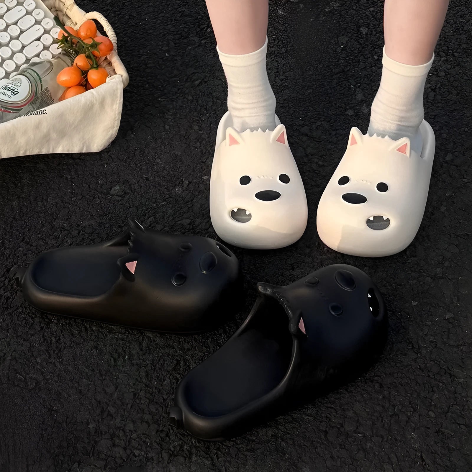 White and Black women's EVA toe cap slipper sandals on a size chart showing 36-45.