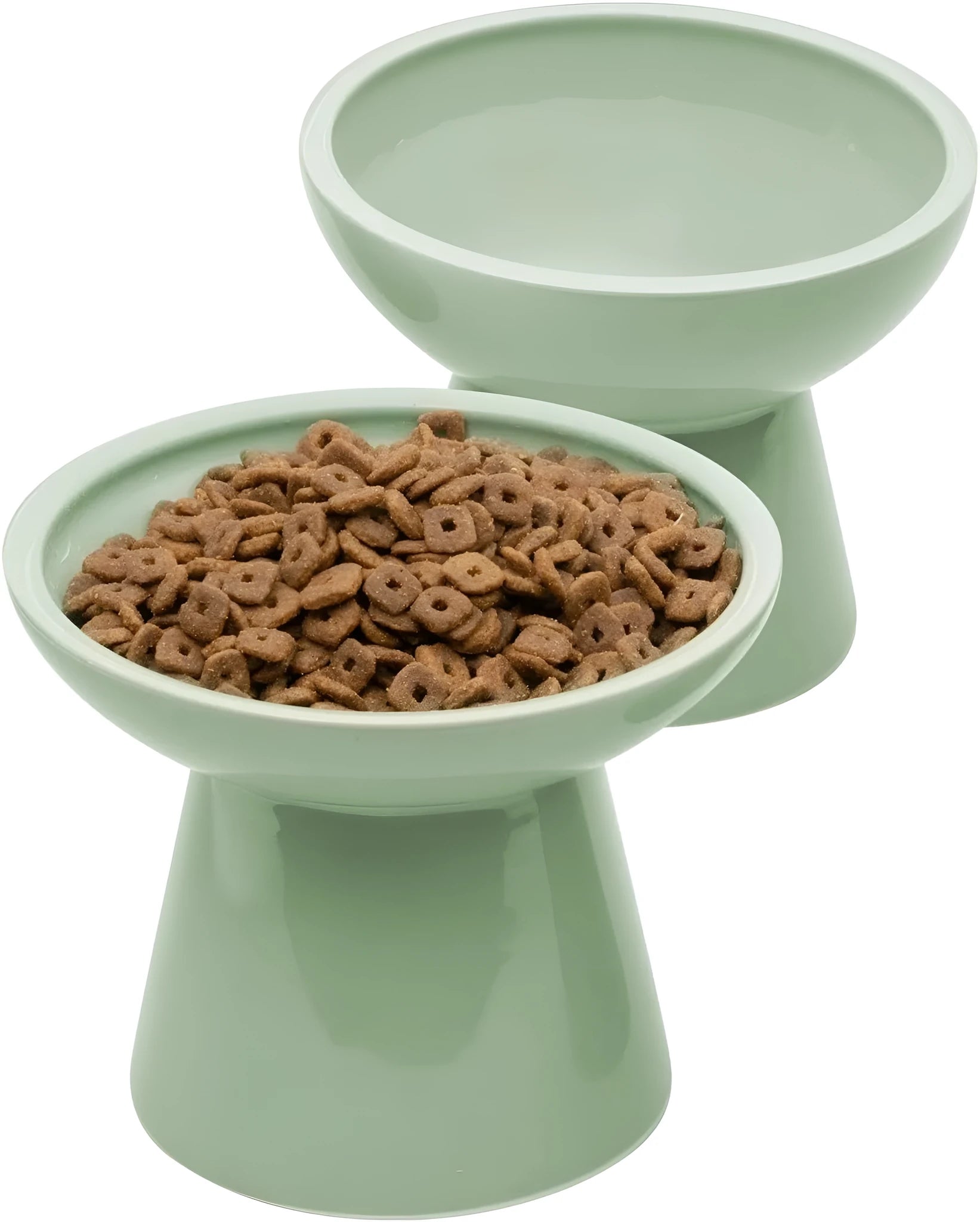 Ceramic elevated cat food bowl set in blue green pink or white colours with wide shallow design