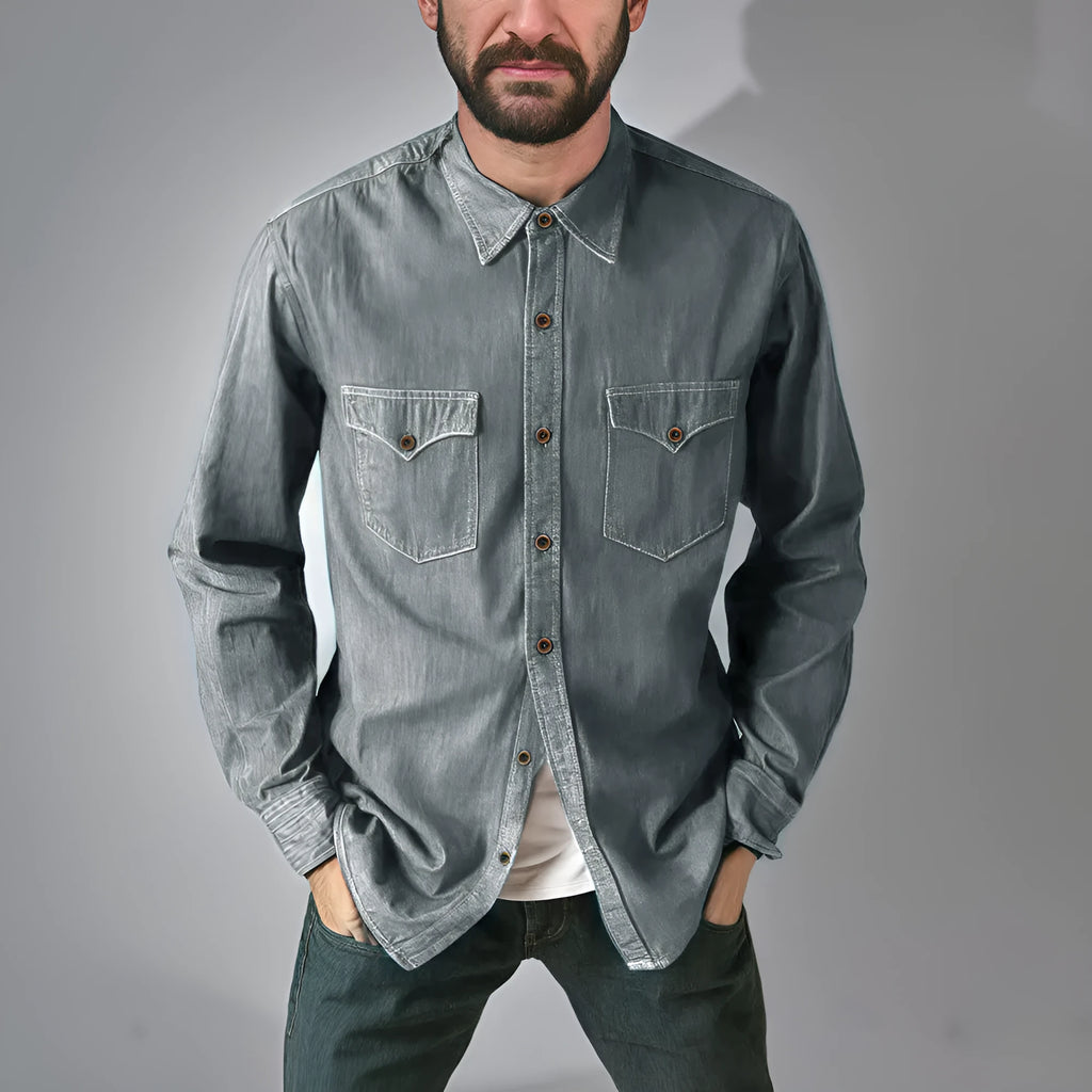 Men's cotton denim cardigan coat in khaki colour on a hanger.