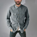 Men's cotton denim cardigan coat in khaki colour on a hanger.