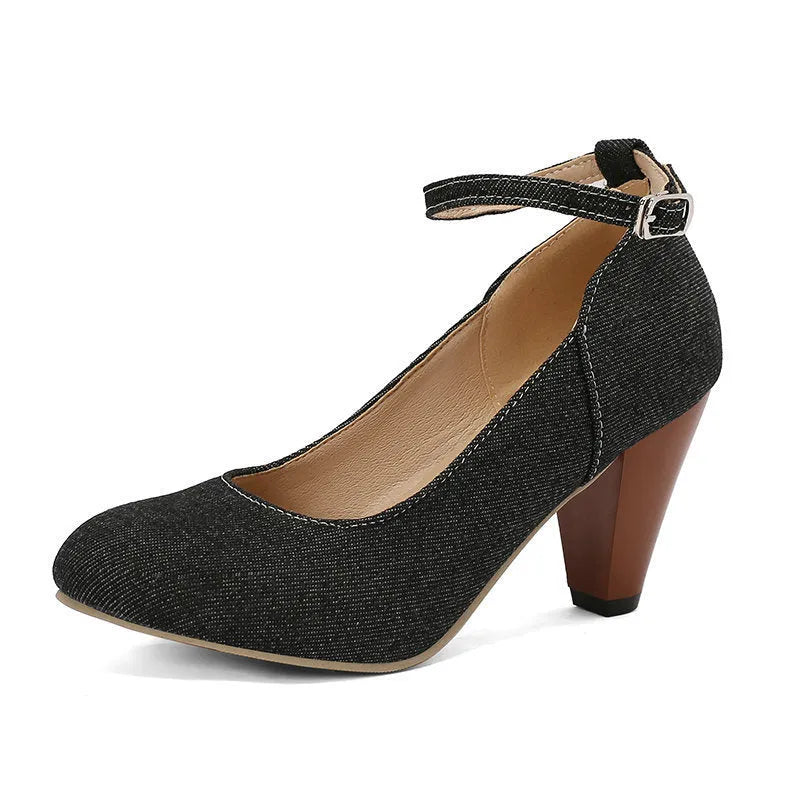 Women's blue denim waterproof platform high heel shoes with buckle fastening and round toe