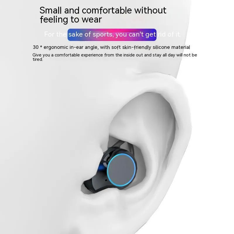 Black wireless Bluetooth earbuds with charging box, 120-hour battery, and power display