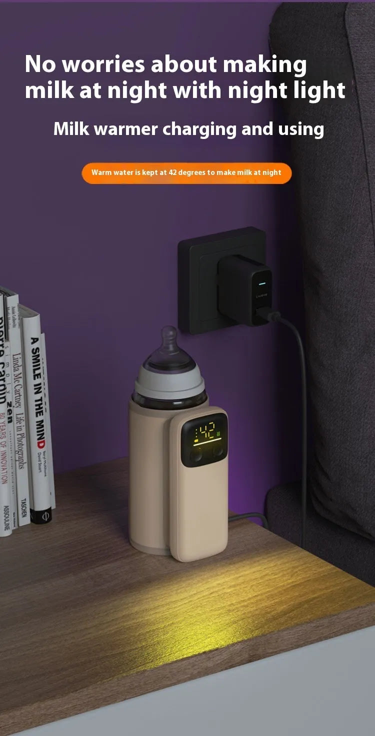 Universal baby bottle insulation warmer with grey sleeve and digital display showing temperature