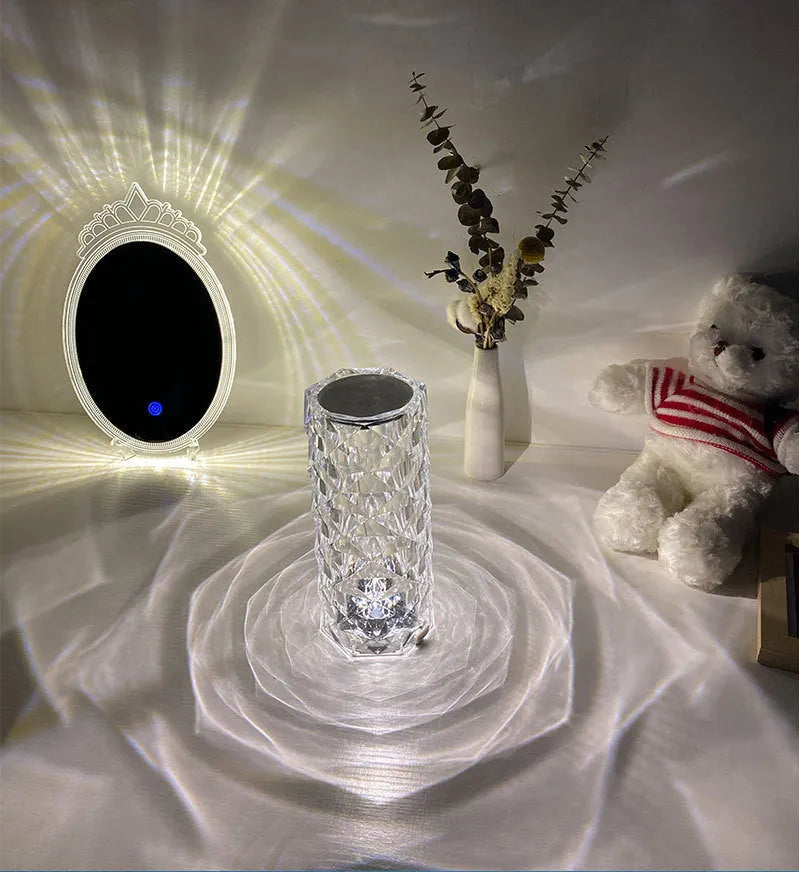 LED crystal rose diamond table lamp with PAMA acrylic construction showing three-tone lighting options