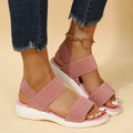 Women's platform beach sandals double strap Roman style round toe faux leather solid colour black elastic slip on shoe