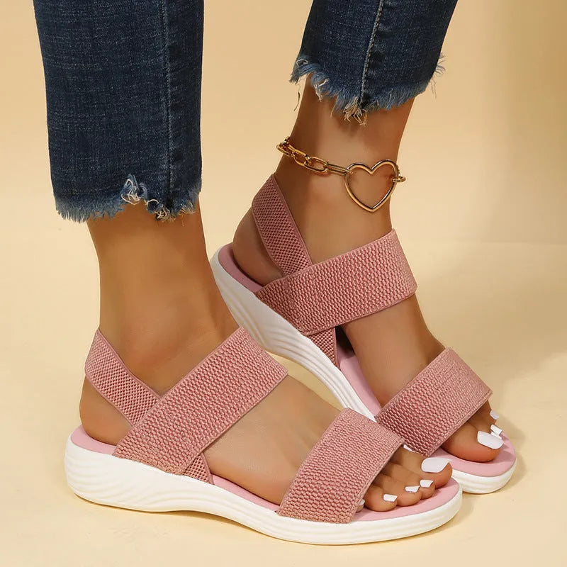 Women's platform beach sandals double strap Roman style round toe faux leather solid colour black elastic slip on shoe