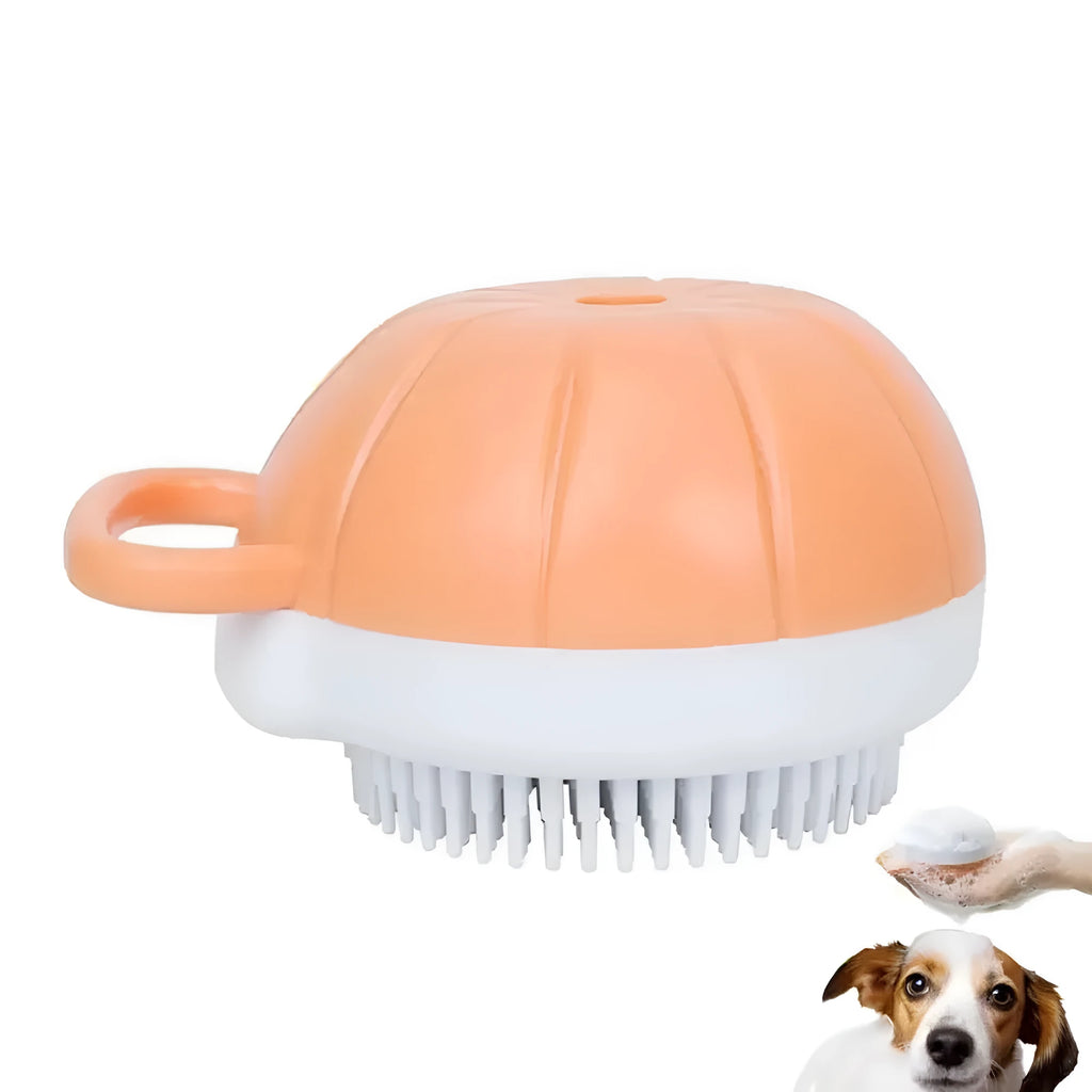 Orange silicone dog bath brush with shampoo dispenser and soft TPR bristles for pet grooming
