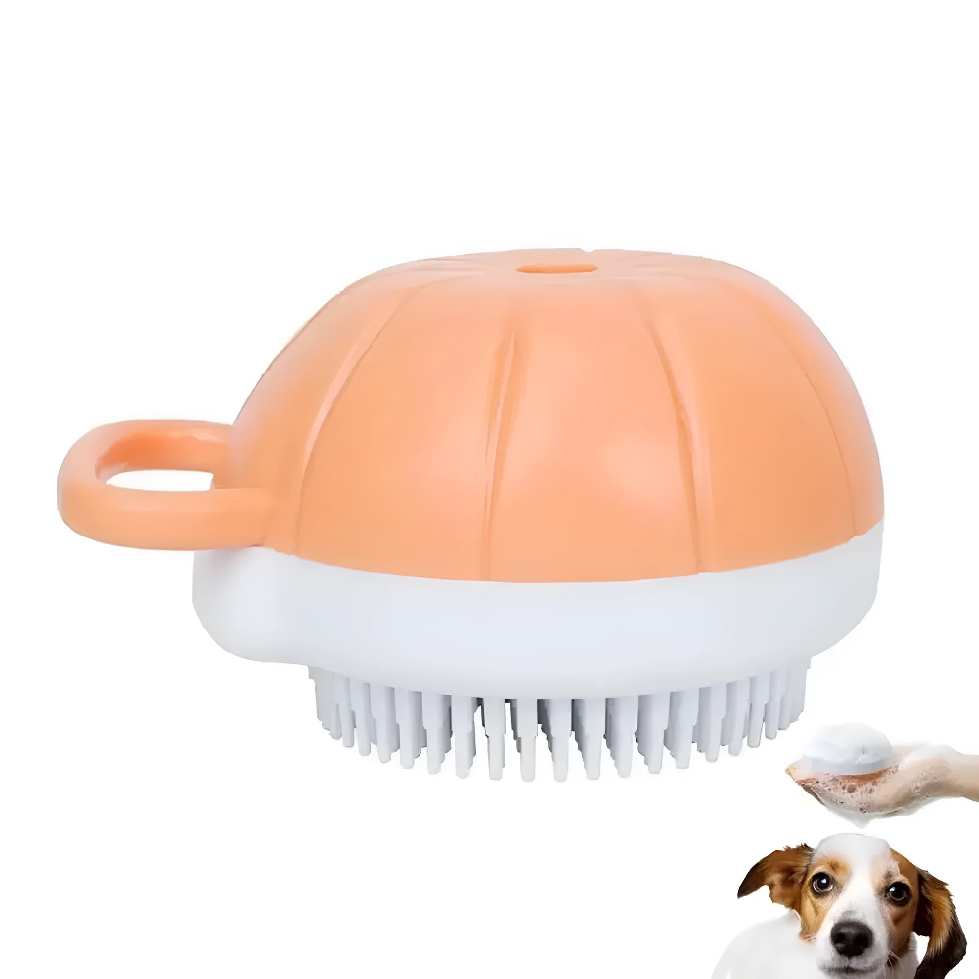 Orange silicone dog bath brush with shampoo dispenser and soft TPR bristles for pet grooming