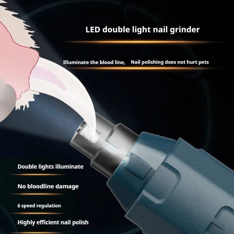 Dark blue USB-powered pet nail grinder with LED light and rotary speed control knob