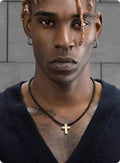 Men's retro hip-hop beaded necklace with black agate and pearl beads, metal lock pendant, on a white background