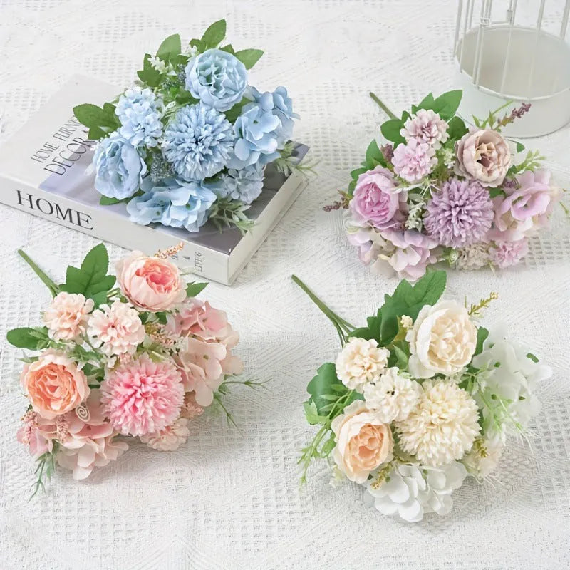 Artificial hydrangea combination in raw silk and plastic, available in white, blue, pink, purple, and green, 1pc or 4pc