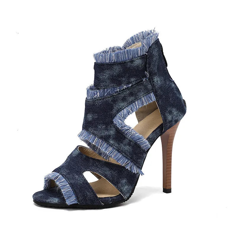 Plus size denim high heel sandals in leopard print, plaid and dark blue colours