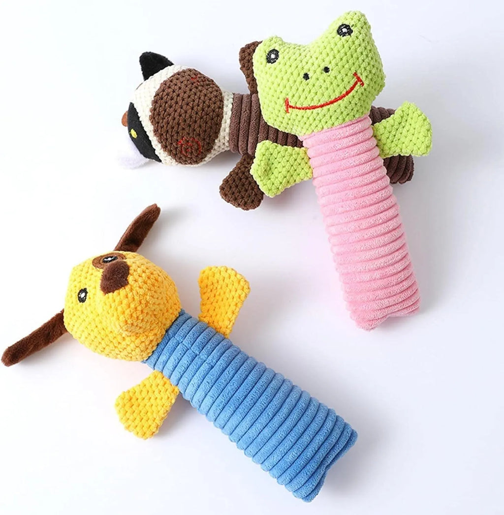 Squeaky stuffed animal dog chew toy in calves, frogs or puppies design, 19cm length