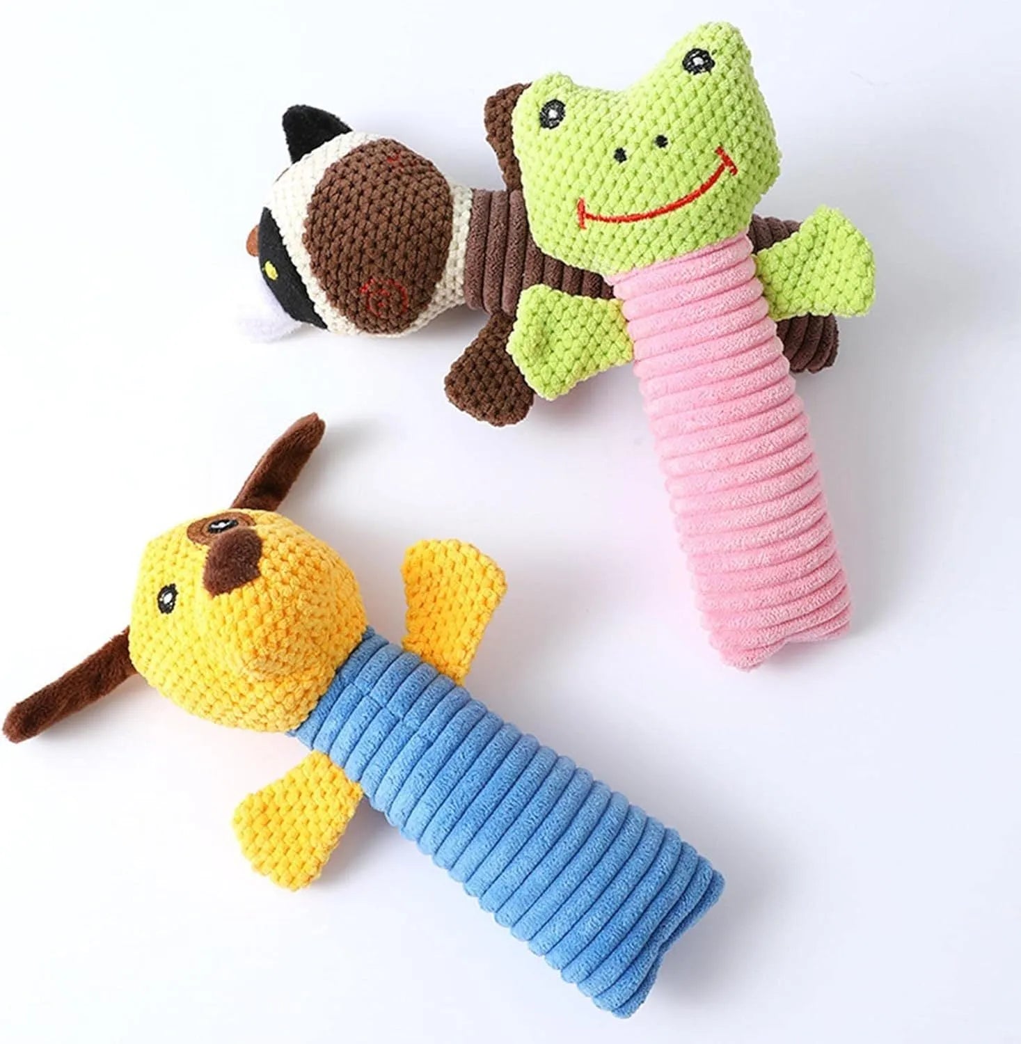 Squeaky stuffed animal dog chew toy in calves, frogs or puppies design, 19cm length