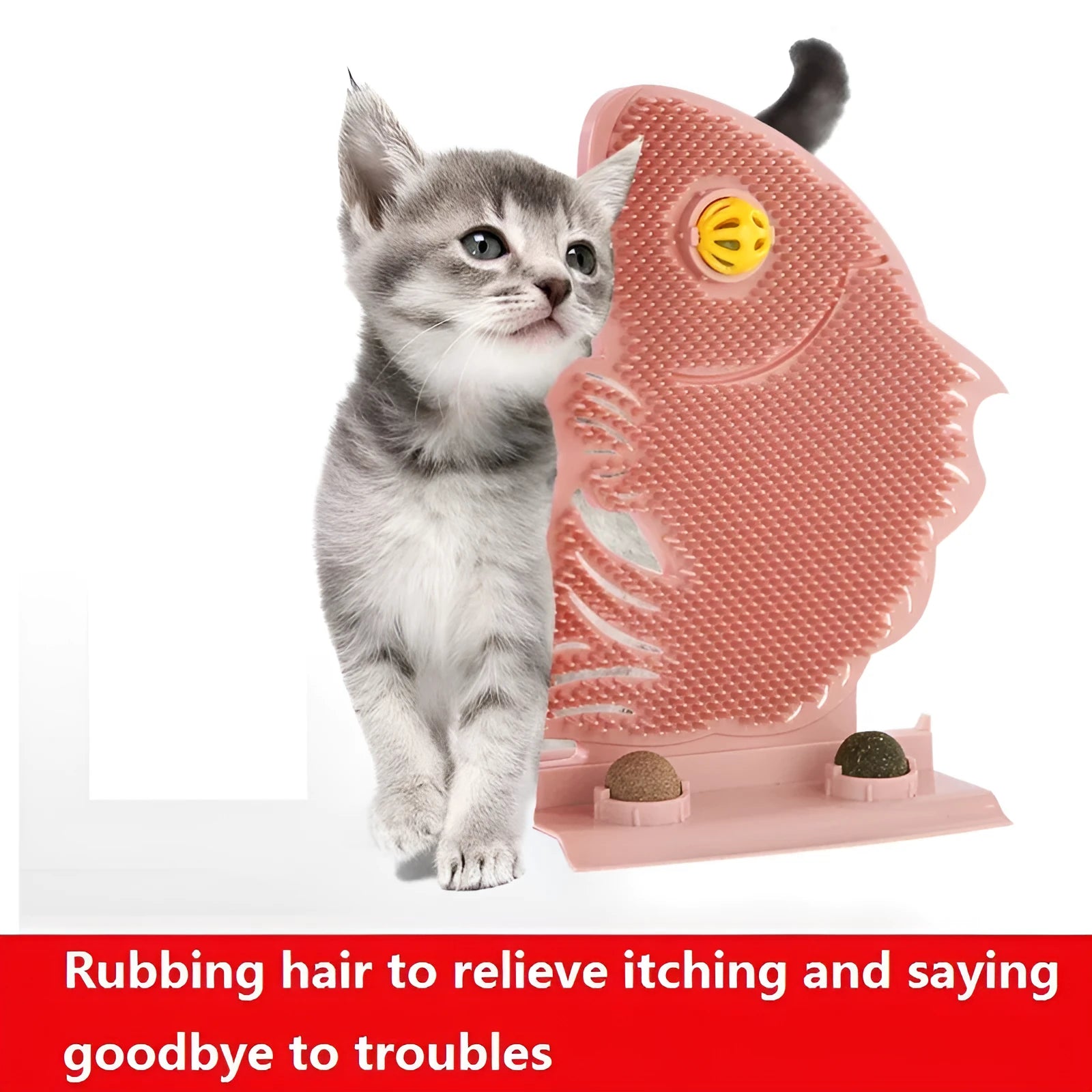 Blue fish-shaped cat wall scratcher toy with brush, catnip balls, and a bell on a white base.