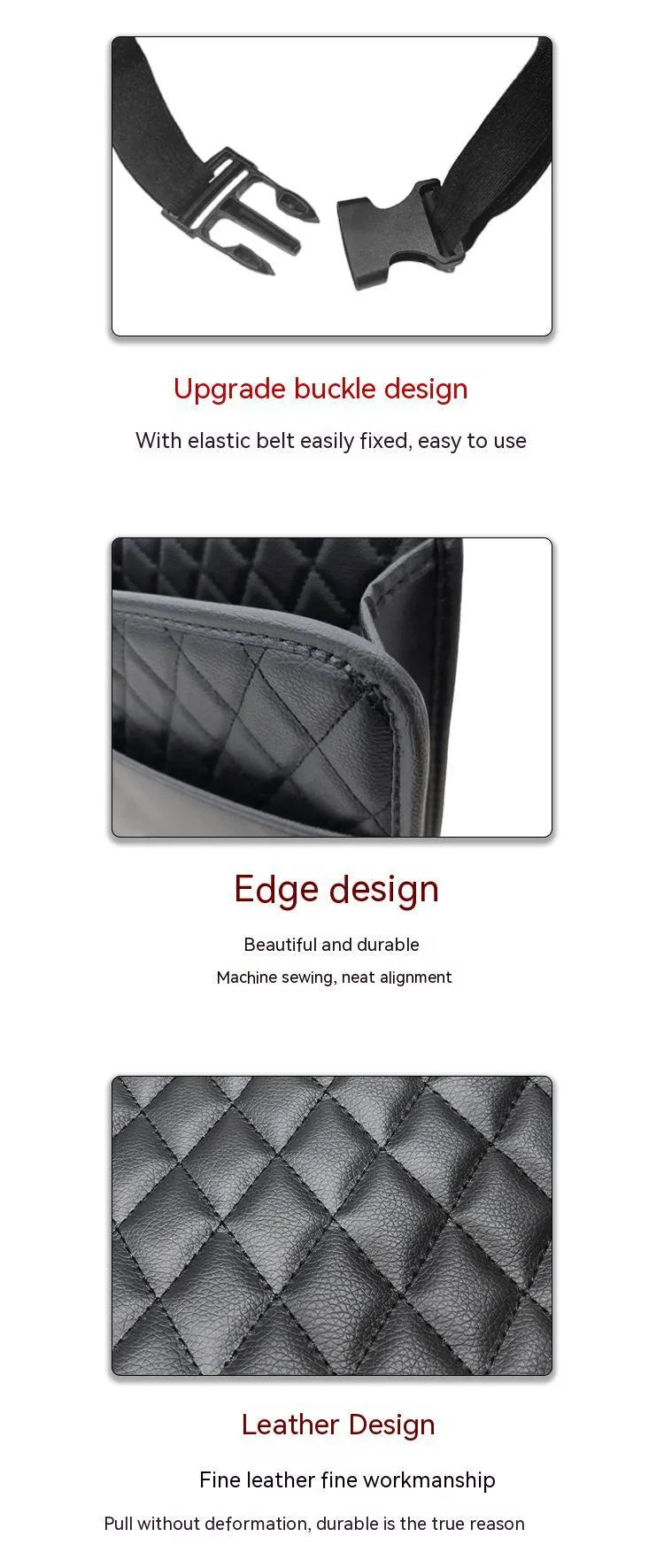 Leather car hanging storage bag in black, pink, green, or white, shown attached to a car seat.