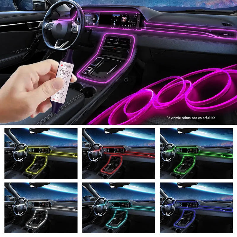 USB-powered RGB car interior LED light strip with manual controller showing multicolour illumination