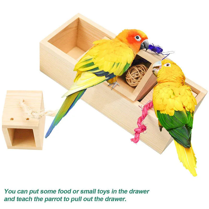 Wooden parrot puzzle toy set for small to medium birds with interactive foraging design