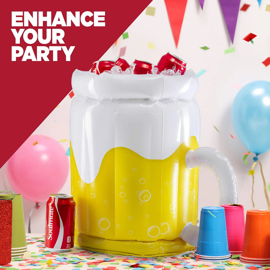 Large yellow inflatable beer mug cooler floating in pool with drinks