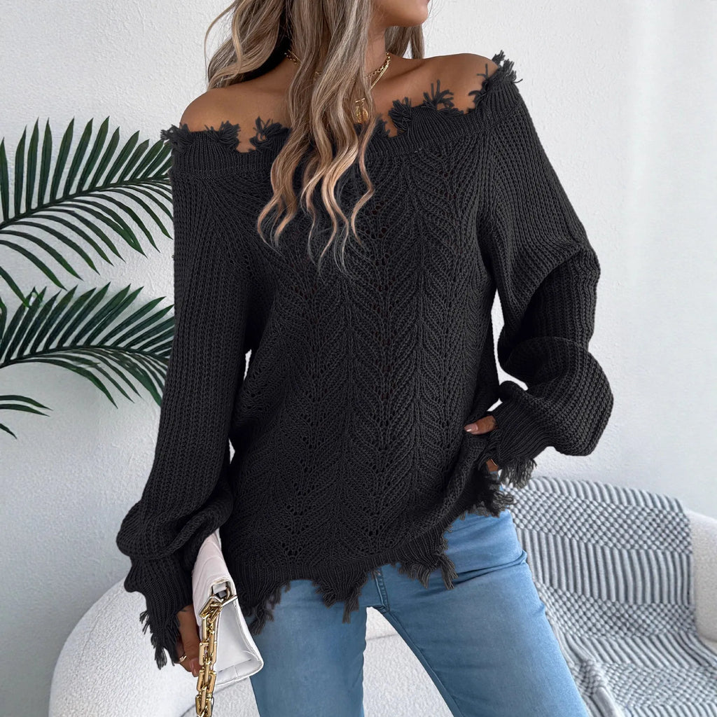 Hollow-out cut off-the-shoulder pullover sweater in artificial wool shown in black, orange, and white colours