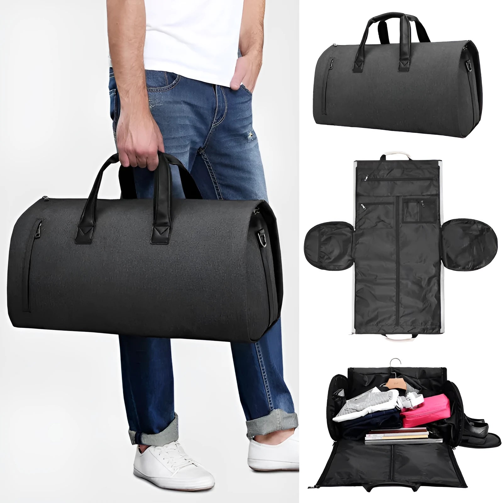 Medium light grey Oxford cloth travel bag open to show internal wet/dry separation compartments and camera insert pocket.