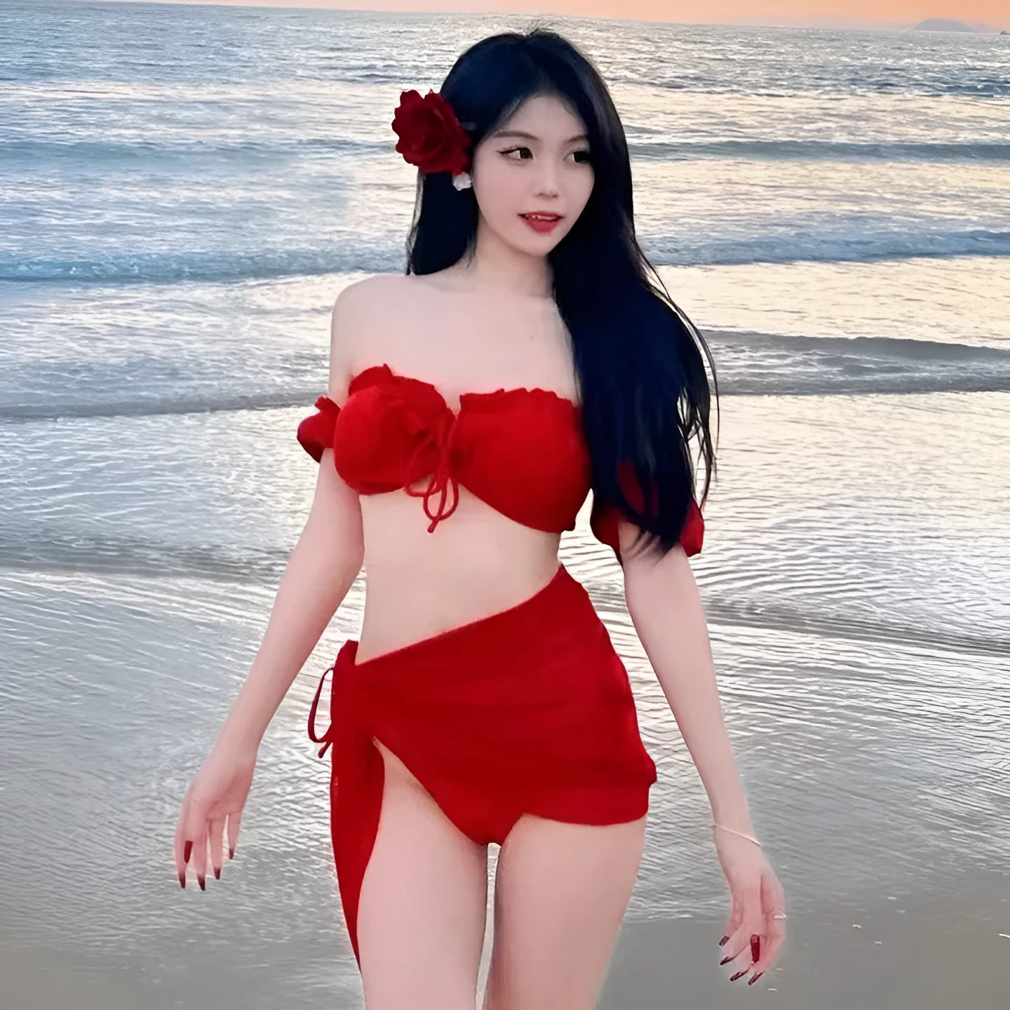 Women's red bikini swimsuit with puff sleeve skirt detail and matching briefs