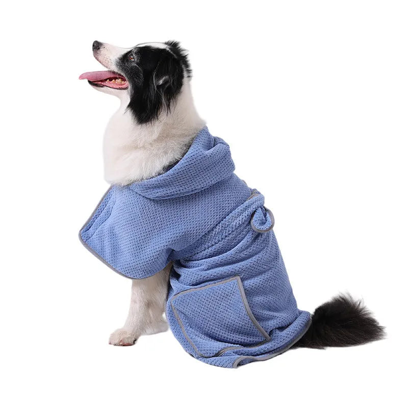 Blue microfiber dog bath robe towel with adjustable waistband wrapped around a dog.