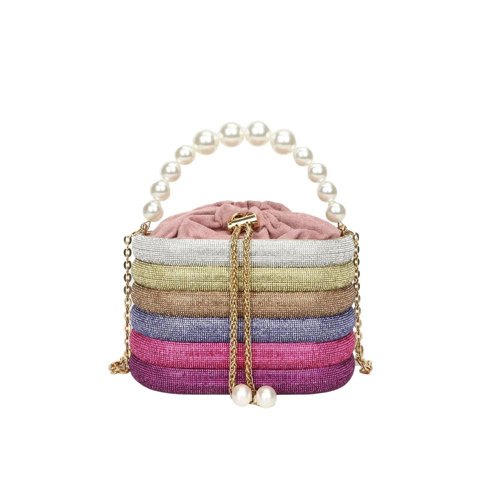 Women's round crossbody dinner bag with pearl bead embellishment in European retro style