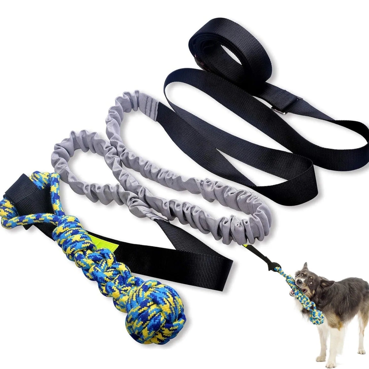 Green cotton rope dog tug toy with a knotted ball handle on a white background.