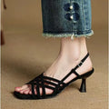 Retro women's sandals with thin brown cross straps, square toe, adjustable ankle buckle, and a block heel.
