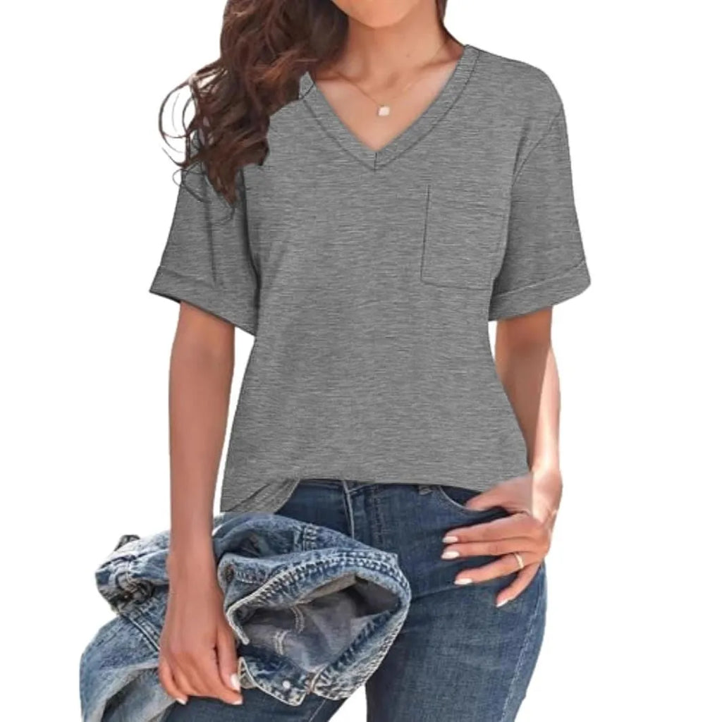 Grey loose-fit men's V-neck t-shirt with a chest pocket on a solid background.