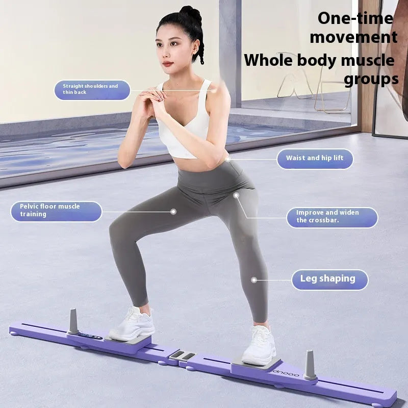 Twilight purple split multifunctional skiing machine trainer on a floor, showing the 85cm long PP plastic board with independent moving sections.
