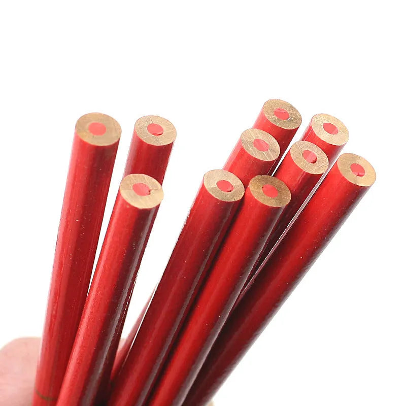 Ten red and blue two-colour carpenter pencils with round wooden barrels for marking