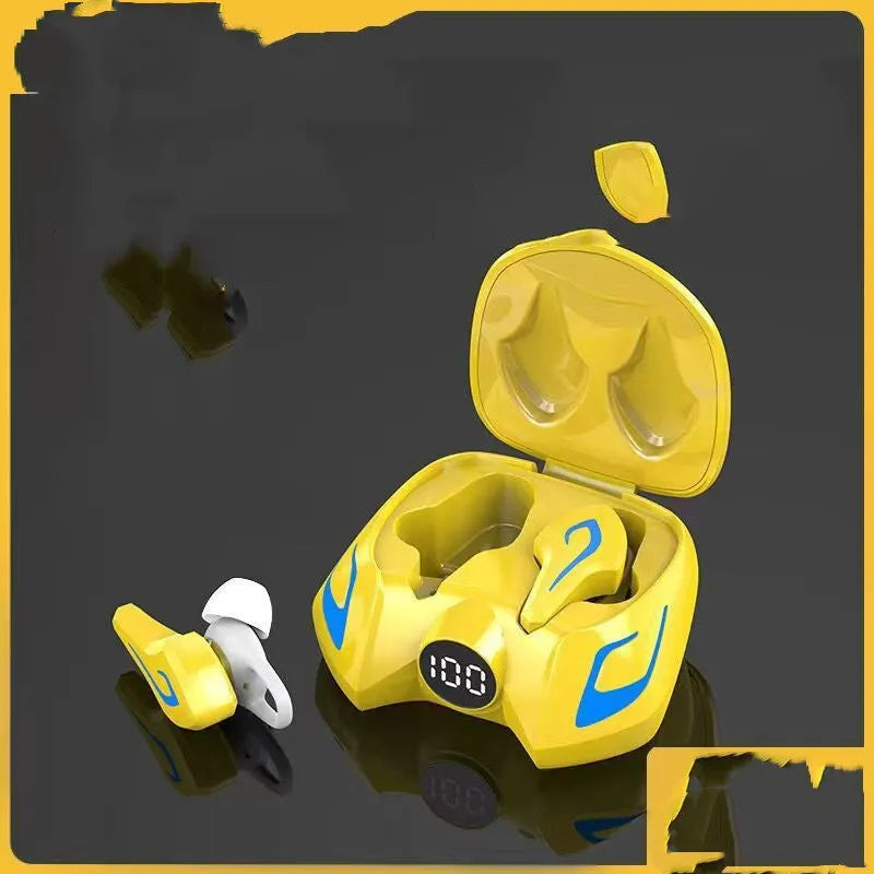 Black grey and yellow wireless gaming earplugs with Bluetooth 5.0, shown with charging case.