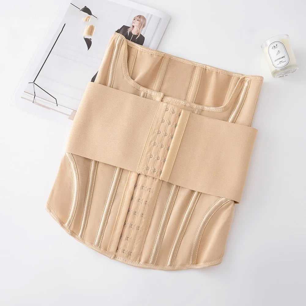 Black nylon belly band waist trainer with belt tie, laid flat.