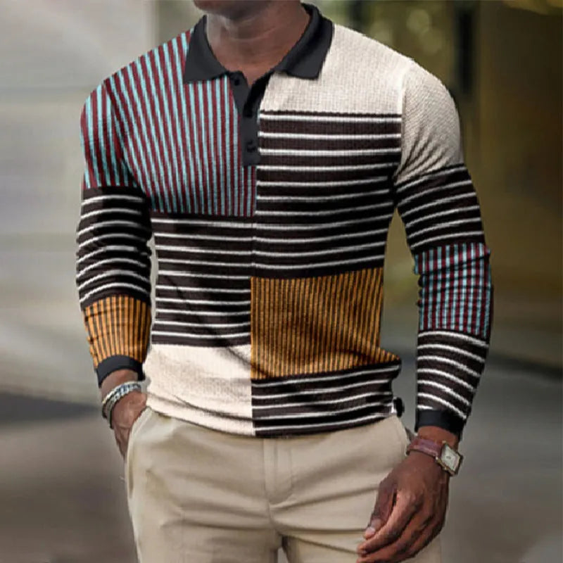Men's grey long sleeve casual top with a black 3D printed striped pattern on the front.