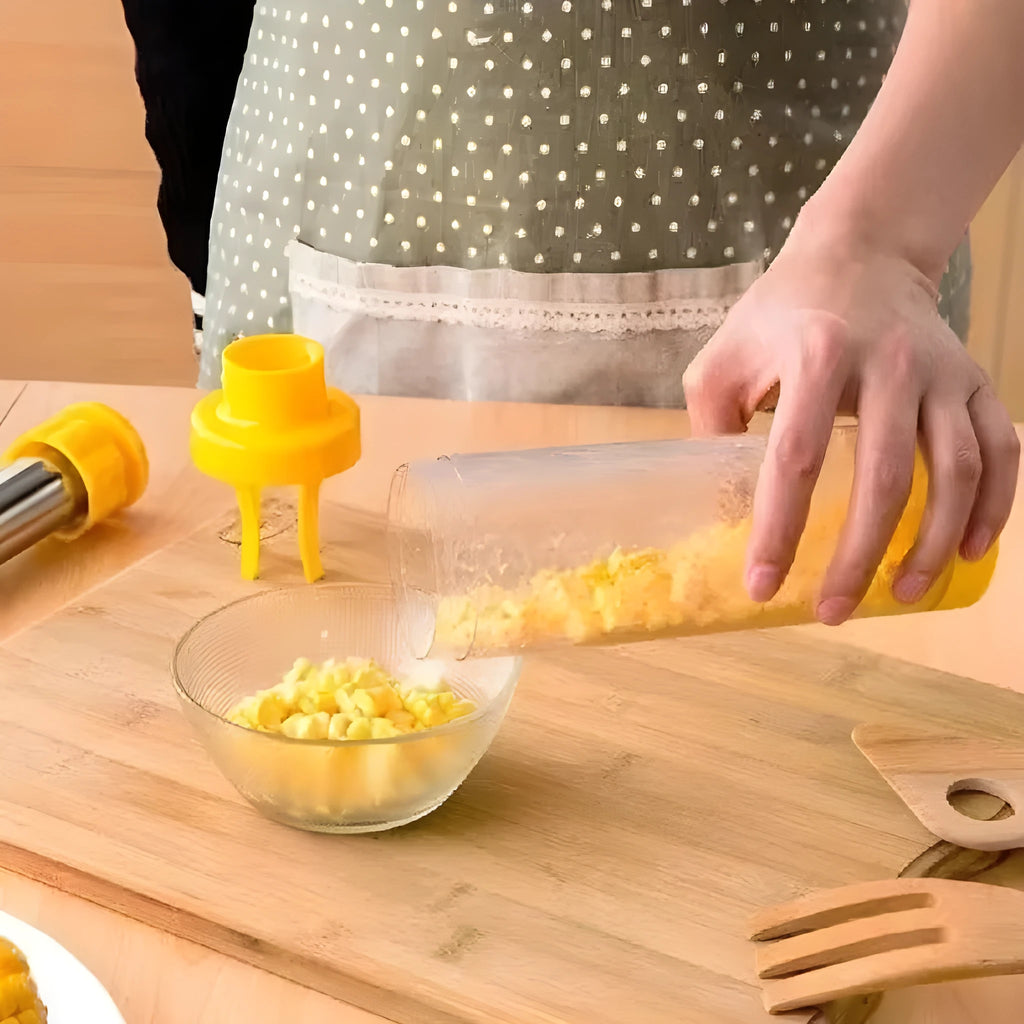 Yellow ABS plastic corn stripper tool with stainless steel mechanism measuring 27cm high