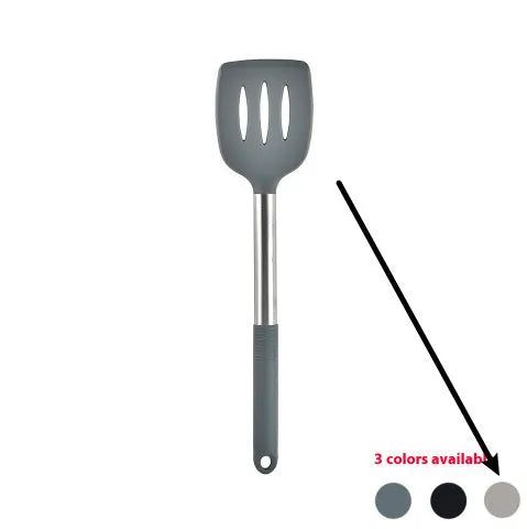 Black silicone kitchen utensil set with 12 tools in a rotating storage bucket on a kitchen countertop