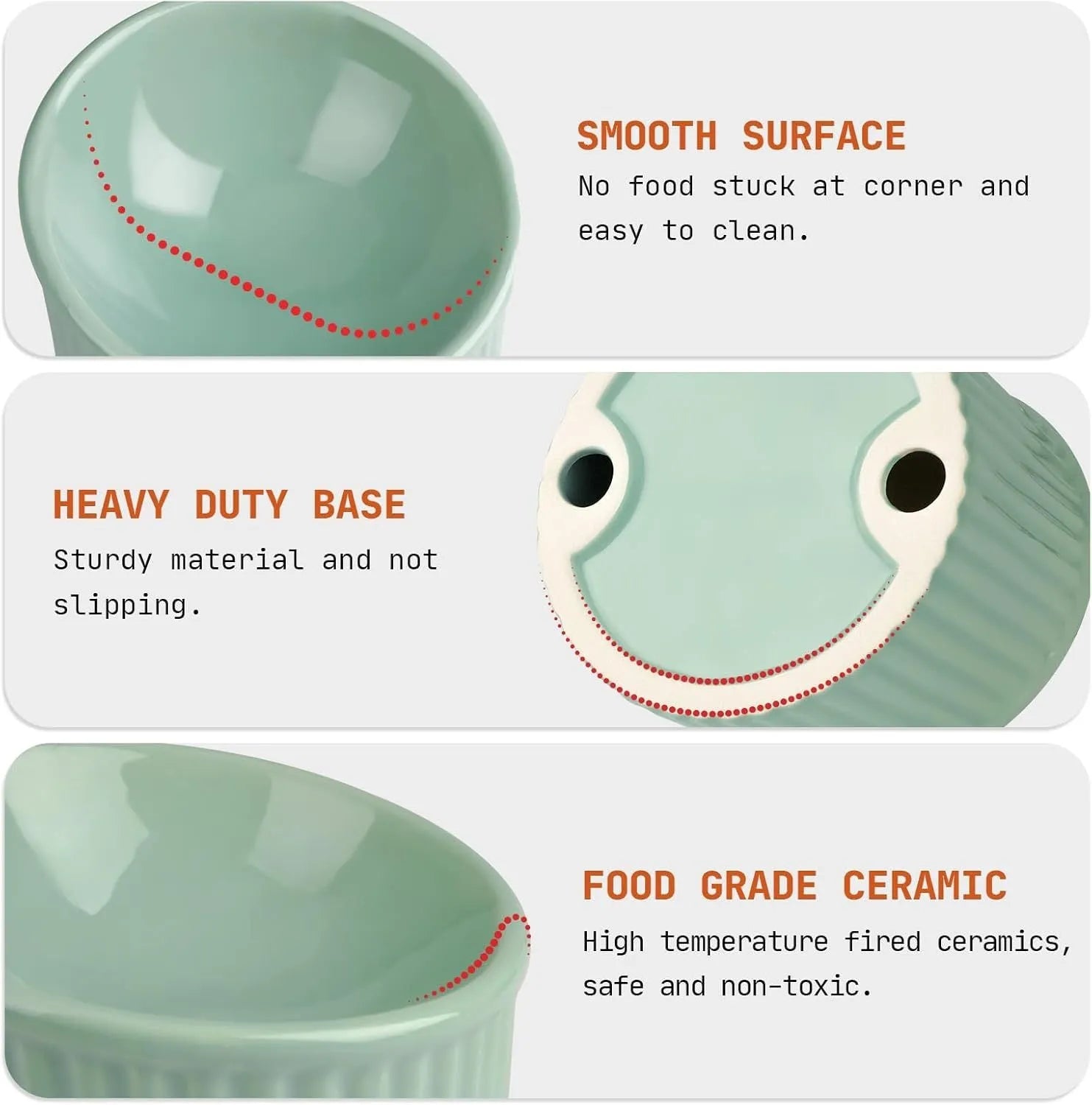 Ceramic elevated cat food bowl in green, showing tilted round dish on a raised stand.