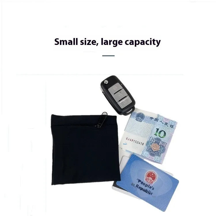 Black wrist bag armband sleeve with adjustable strap, shown holding a mobile phone, dimensions 10x10.5cm.