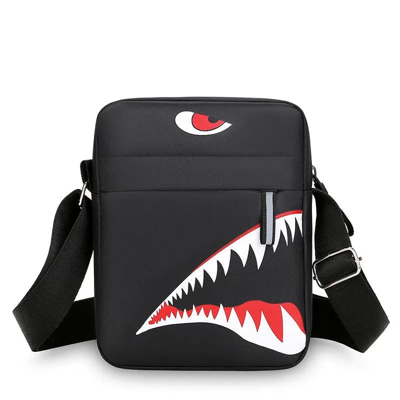Men's small black crossbody bag with animal print, made from Oxford cloth.
