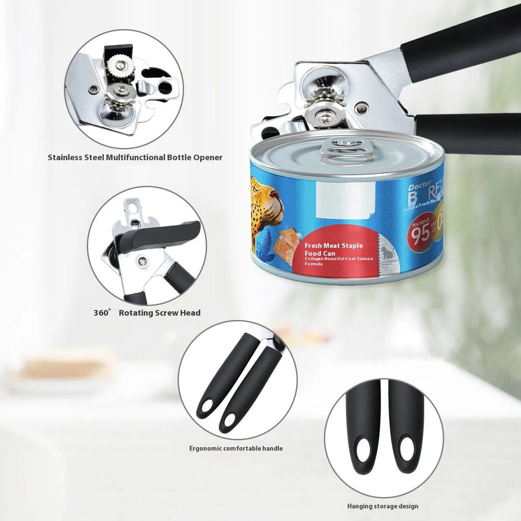 Strong stainless steel can opener and bottle opener, black finish, 18.5 x 5 cm, on a kitchen counter