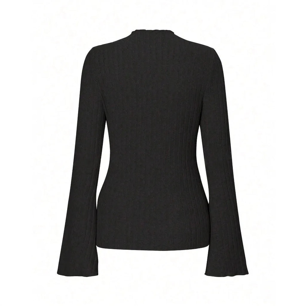 Long sleeve round neck slim fit top in black with lantern sleeves and a subtle sunken stripe pattern.