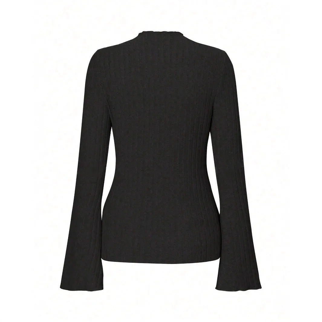 Long sleeve round neck slim fit top in black with lantern sleeves and a subtle sunken stripe pattern.