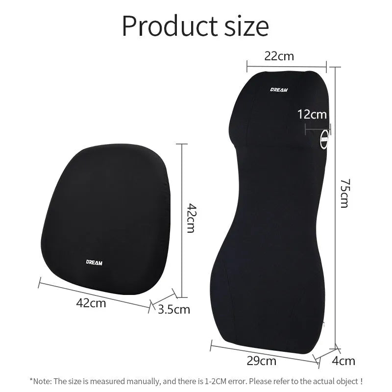Black automotive memory foam waist cushion and headrest pillow set on a car seat.